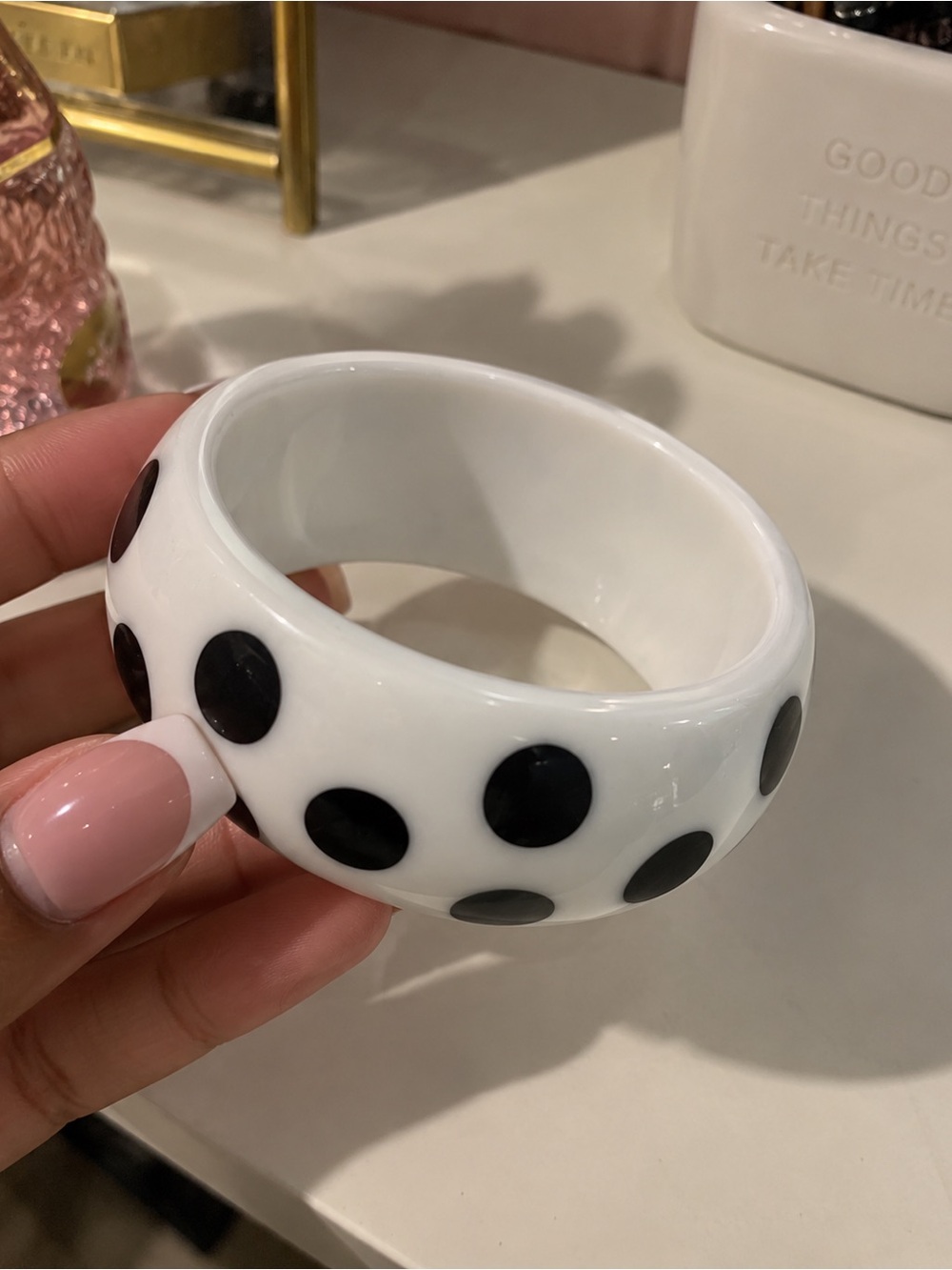 SHEIN White Resin Bangle with Black Polka Dots